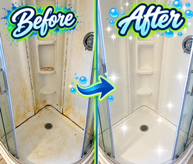 Before and after of a corner shower stall cleared of mildew and soap scum