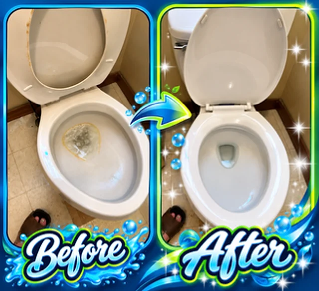 Before and after of a toilet bowl with a heavy stain ring cleaned to white