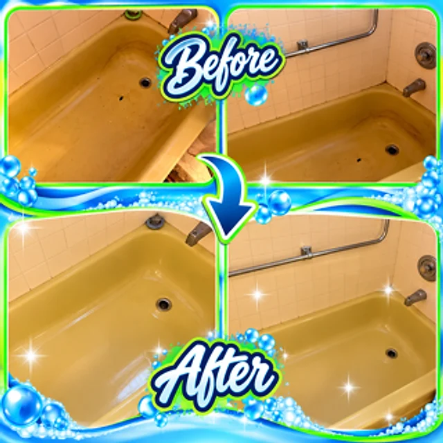 Before and after of an older yellow bathtub cleaned of grime and film